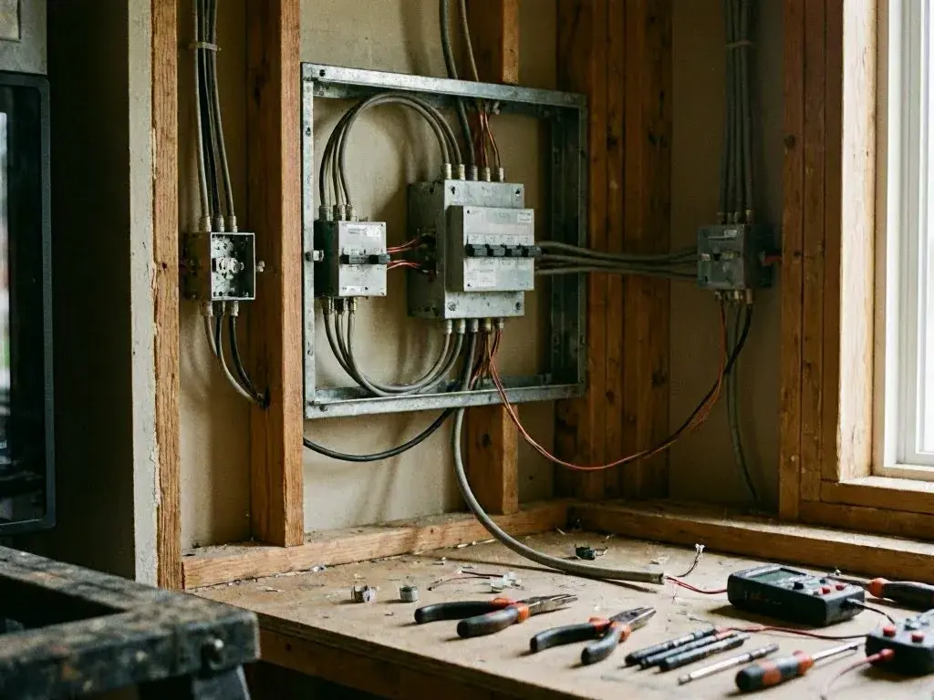 Electrical panels and loose wiring sit inside unfinished wall framing above a workbench with tools