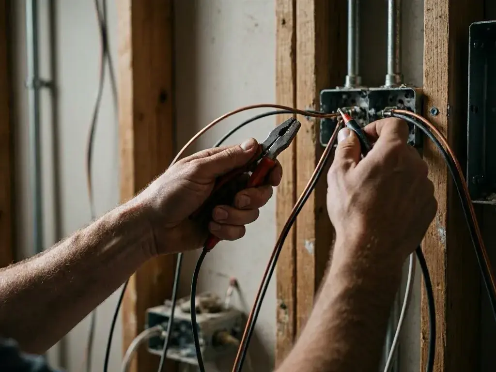 Hands wiring an electrical box with pliers and a tester inside wall framing