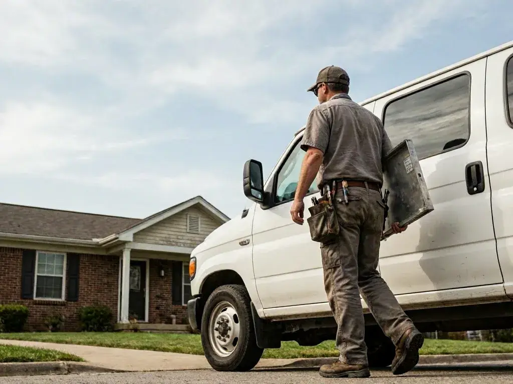 Worker carrying a metal electrical panel beside a white van outside a brick