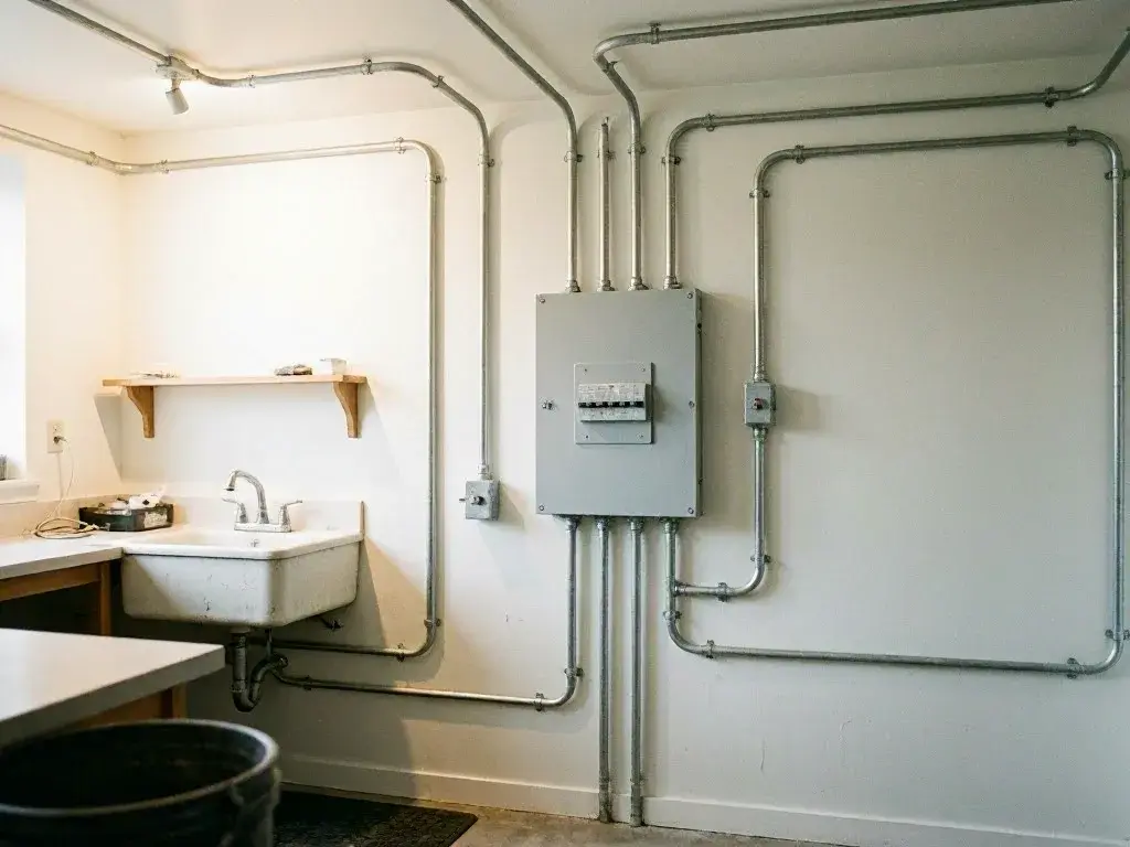 Utility room wall with exposed metal conduit, electrical panel, sink, and