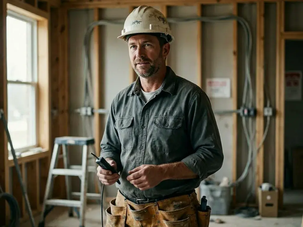 Hard hat worker holding a tool inside an unfinished room with exposed wiring