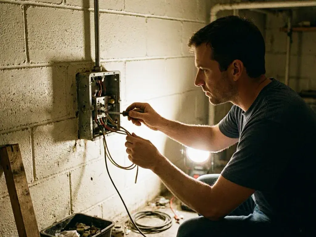 Worker installing a ceiling light in a Blue Ash office