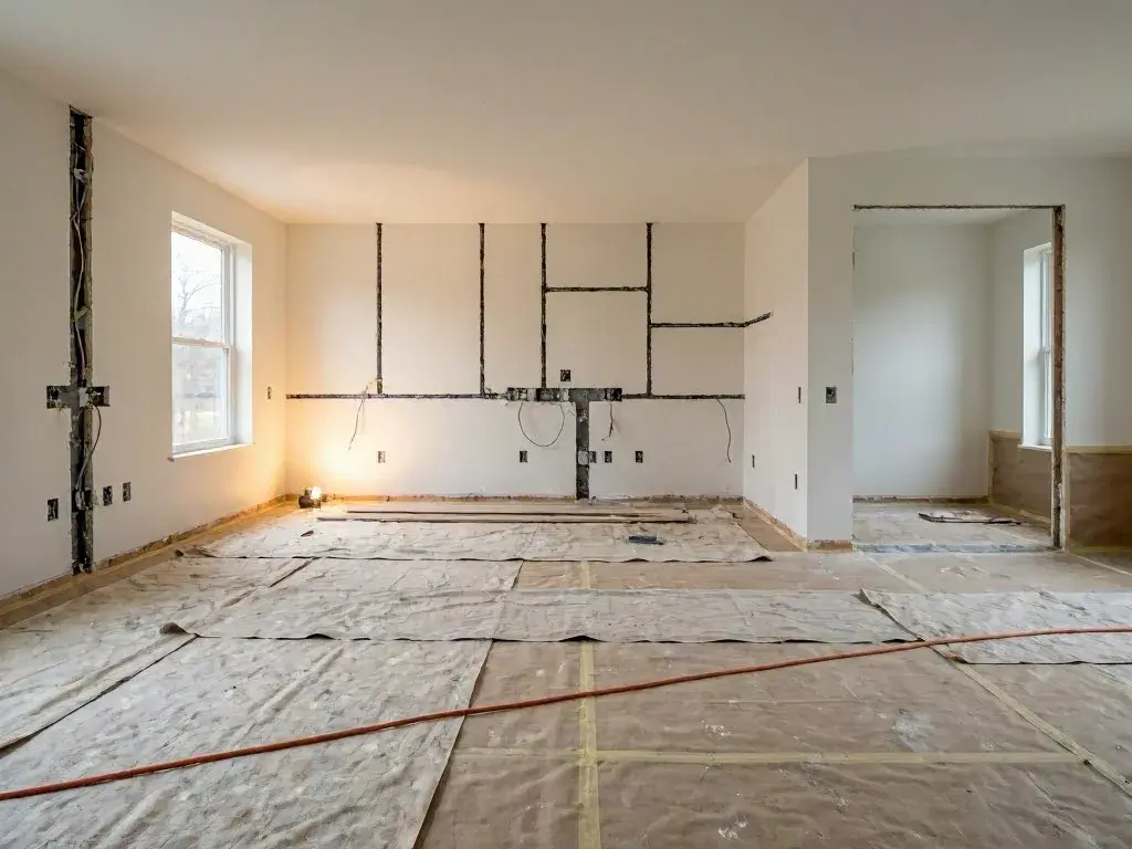 Unfinished room with taped floors, exposed wiring, and open wall cutouts during