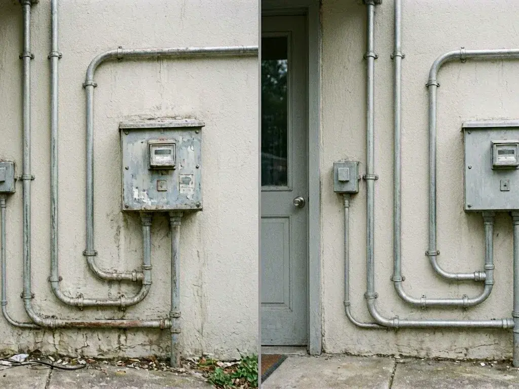 Beige stucco exterior wall with gray utility pipes, electrical boxes, and a