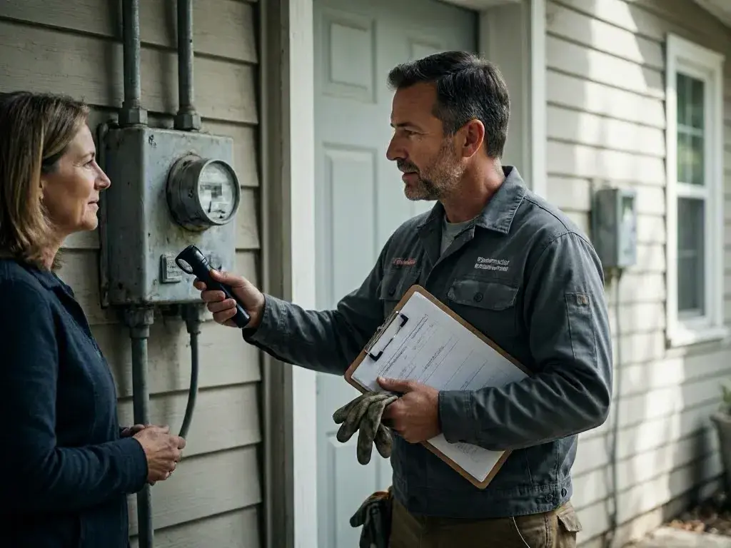 Technician reviews electrical equipment with a woman beside an outdoor electric