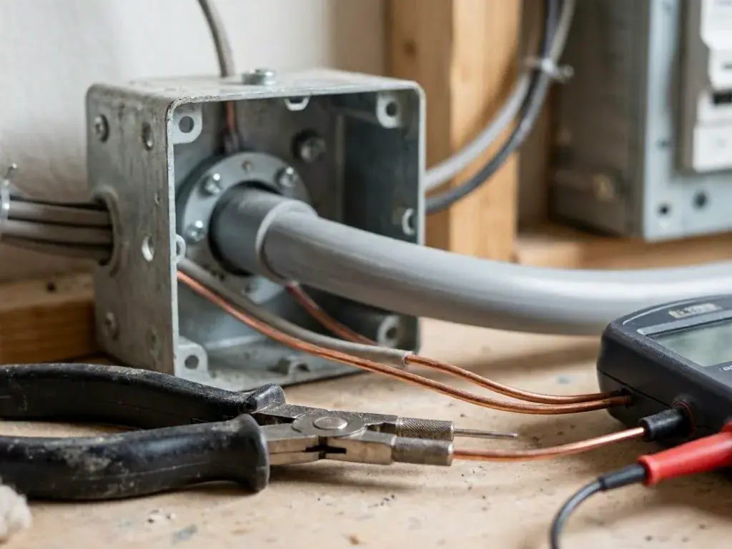 Pliers and electrical wires beside a metal junction box on a wooden workbench