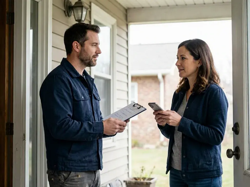 Two people review a clipboard and smartphone while standing on a residential