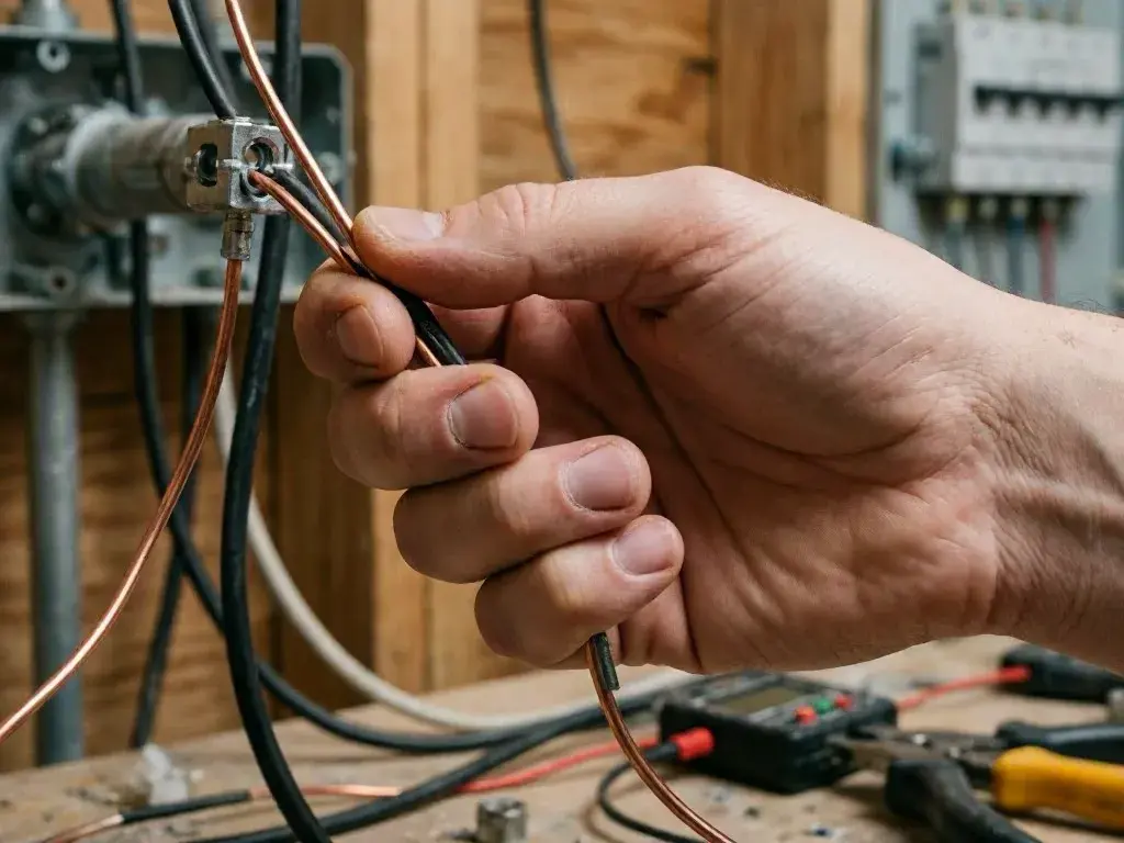 Close-up of a hand connecting copper wires and black cable inside an electrical