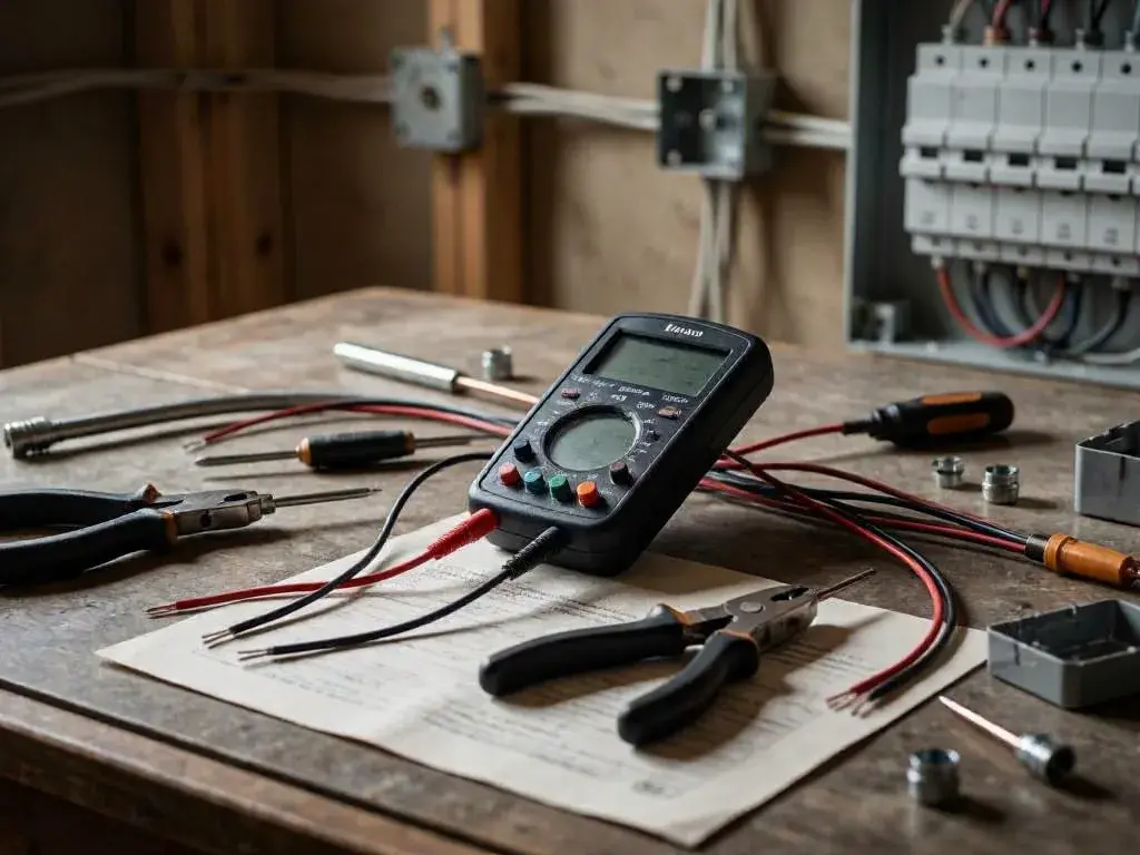 A digital multimeter, pliers, and wire tools sit on a workbench in an electrical workshop