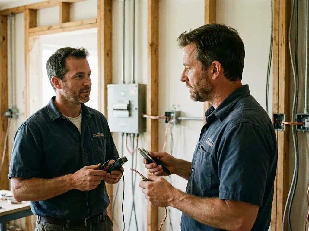 Two electricians in dark shirts stand indoors, talking and holding wire strippers and copper cables during electrical work