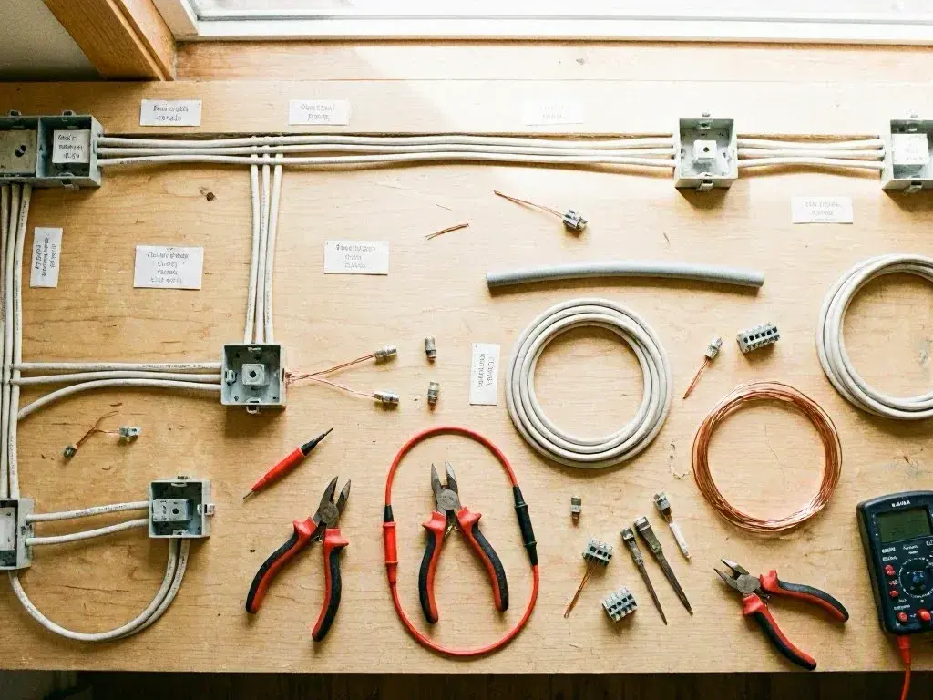 Electrical wiring parts, pliers, and a multimeter are arranged on a plywood workbench with conduit loops and outlet boxes