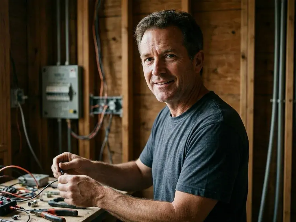A man works with wires and tools at a workbench inside an unfinished room with exposed wood framing