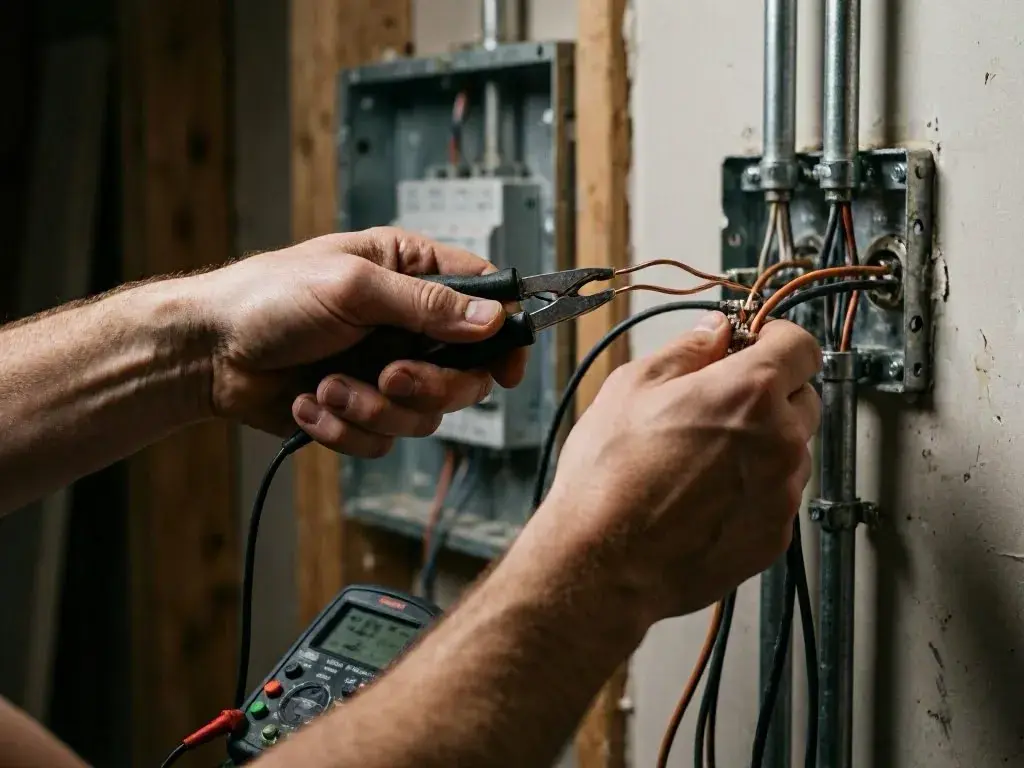 Technician tests exposed electrical wires with pliers and a multimeter inside a