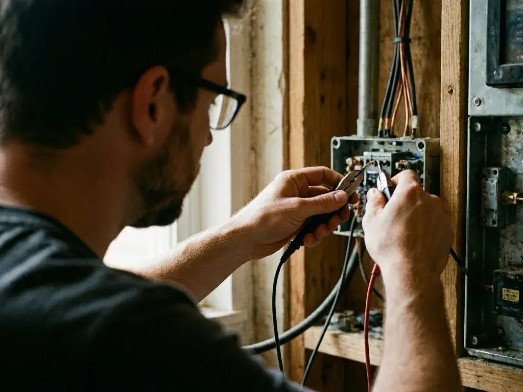 Electrician wearing glasses works on exposed wiring inside a wooden wall