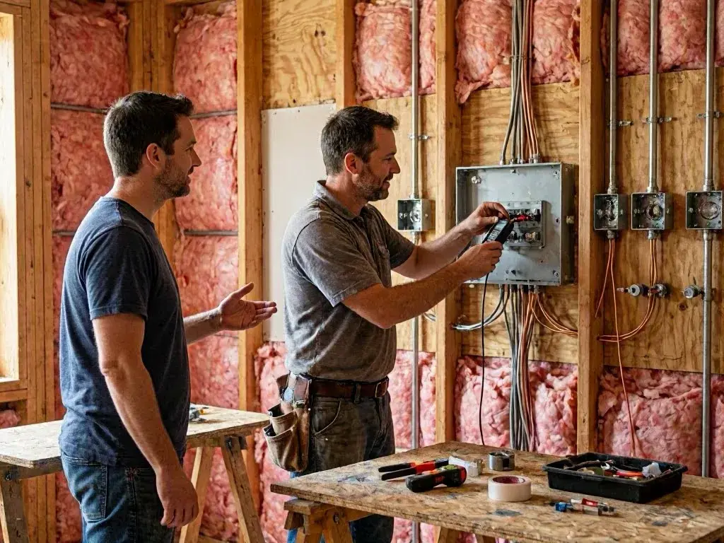 Two electricians wire an electrical panel inside a framed house