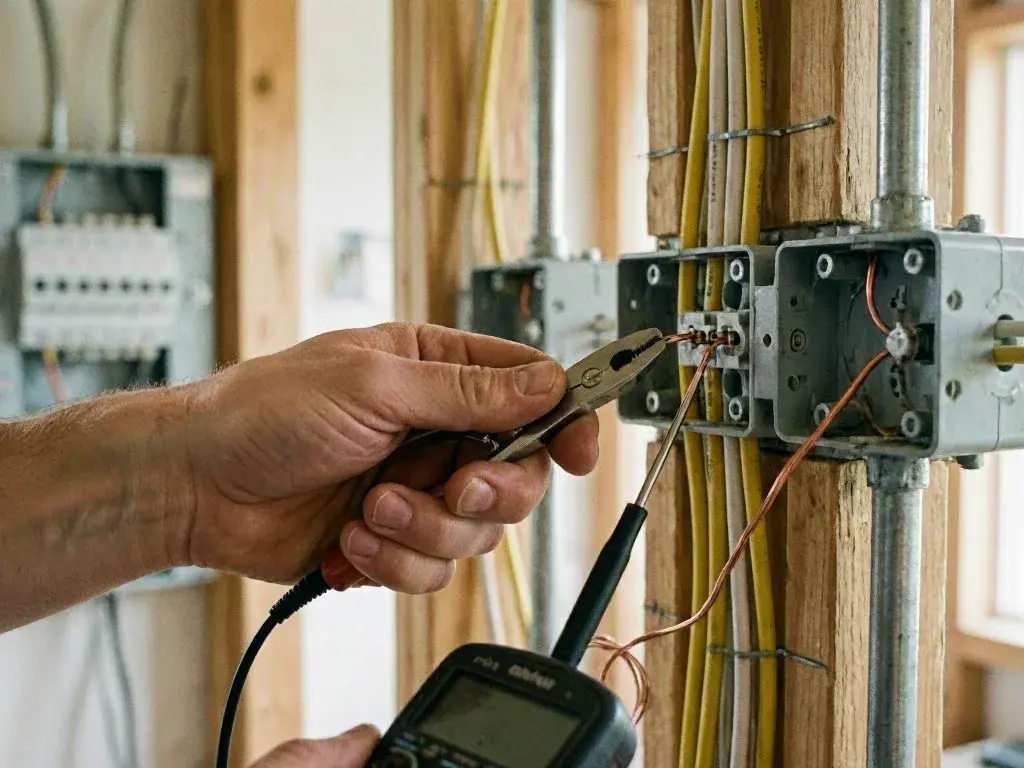 Technician uses pliers and a tester to wire an electrical box on a wooden wall