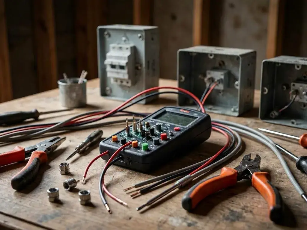 Multimeter, wire strippers, pliers, loose wires, and electrical boxes on a