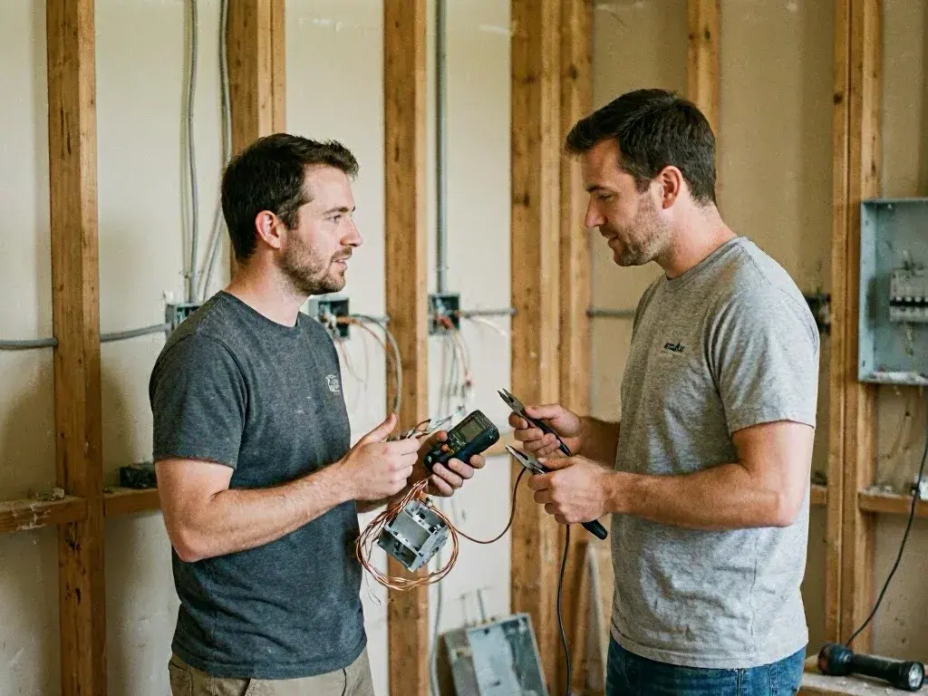 Two electricians discuss wiring while holding pliers and a meter at a framed