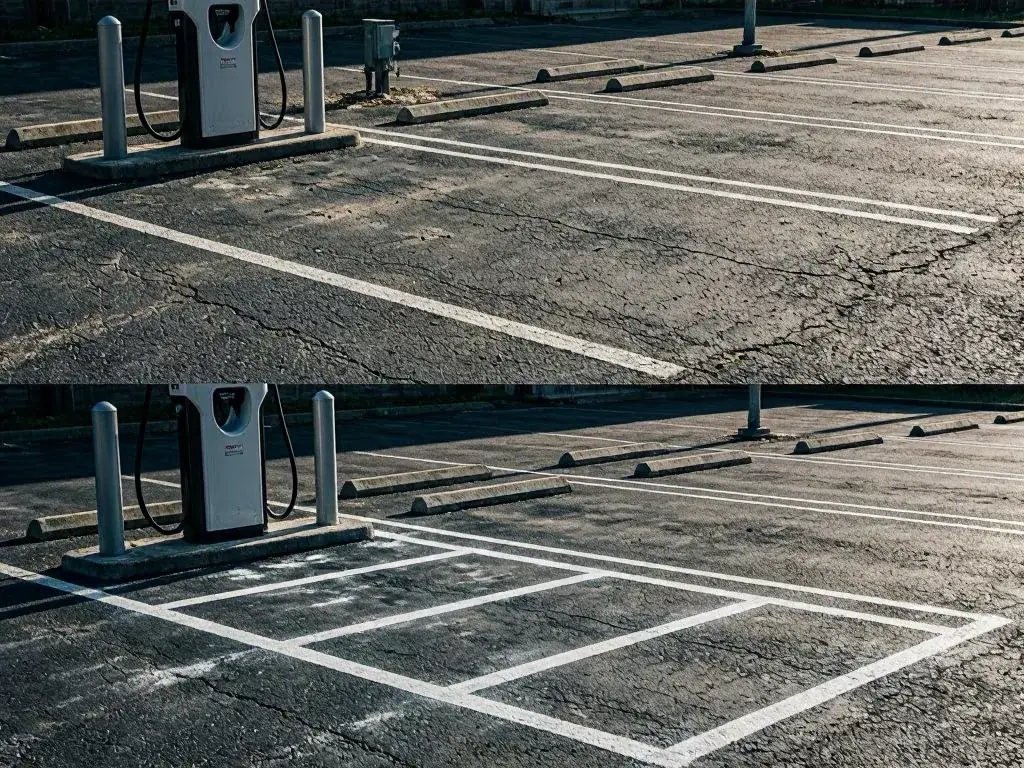 White electric vehicle charging station beside painted parking spaces in an