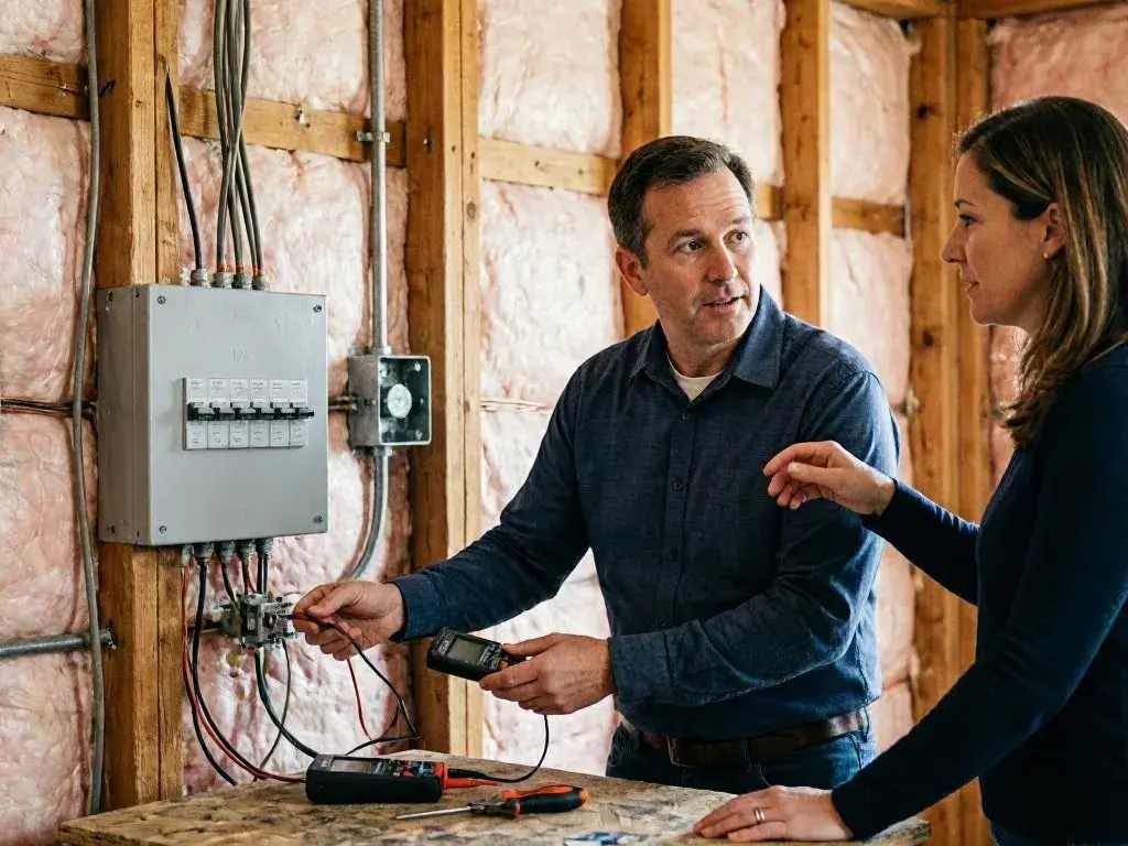 Two electricians inspect exposed wiring and an electrical panel inside a house