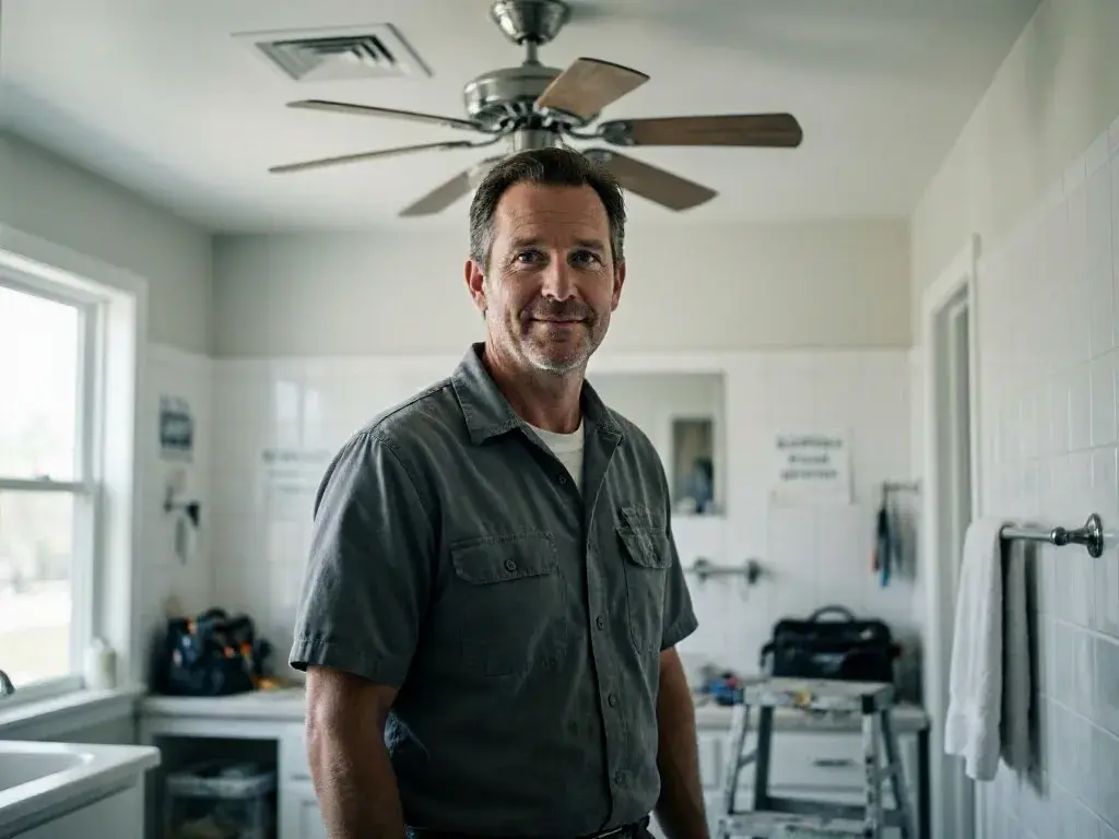 A man stands in a bright tiled bathroom with a ceiling fan and cleaning tools nearby