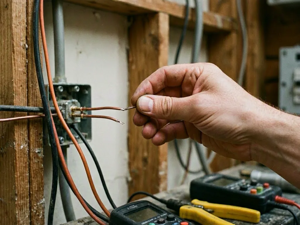 Hand stripping electrical wires beside an exposed wall outlet and testing tools