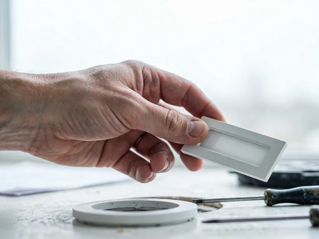 A hand holds a white rectangular plastic piece above a workbench with tools and a circular opening