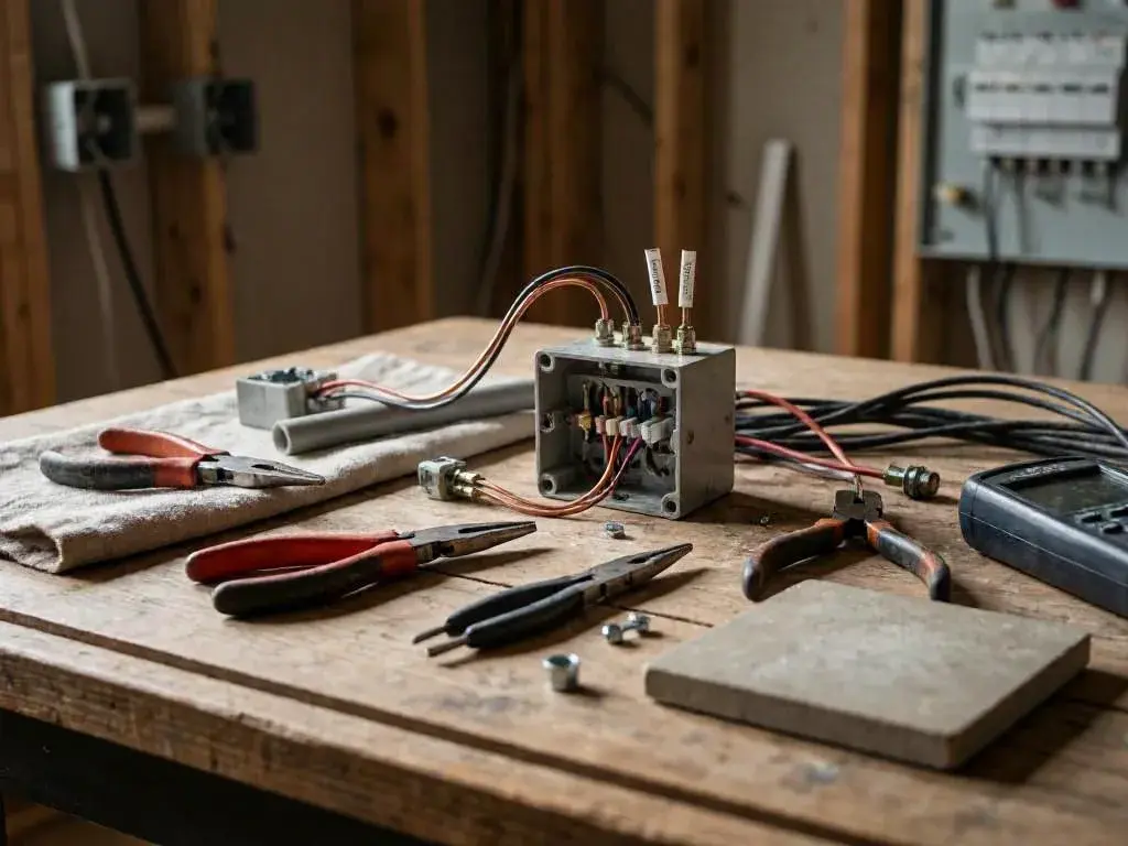 Hand tools and wires surrounding an open metal electrical box on a wooden