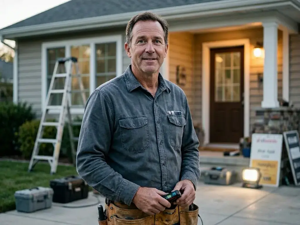 Man wearing a tool pouch stands in a driveway beside a house under renovation