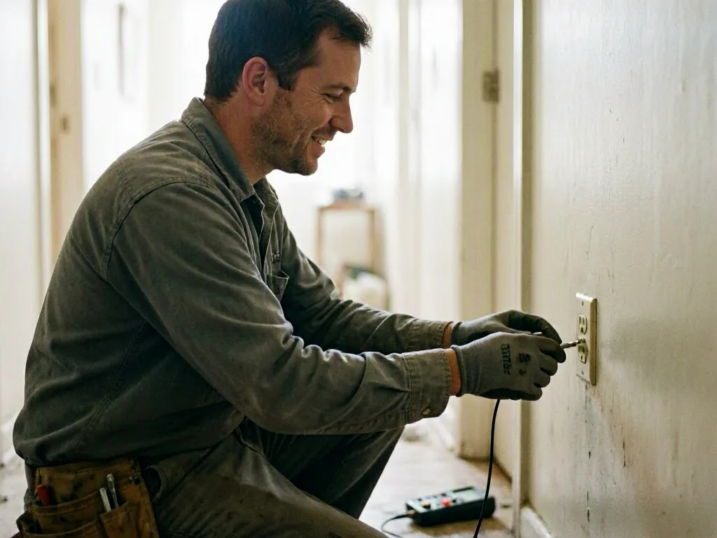 A man in work clothes kneels by a wall outlet, using a screwdriver in a bright hallway