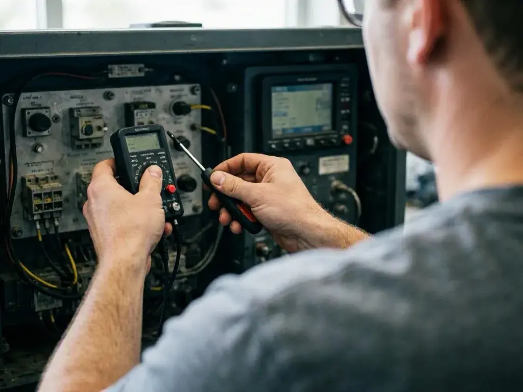 Technician uses a multimeter and screwdriver to inspect an indoor electrical