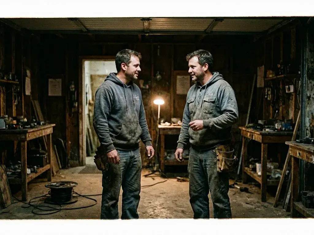 Two men in hoodies stand talking in a dim workshop with tools, benches, and a bright lamp