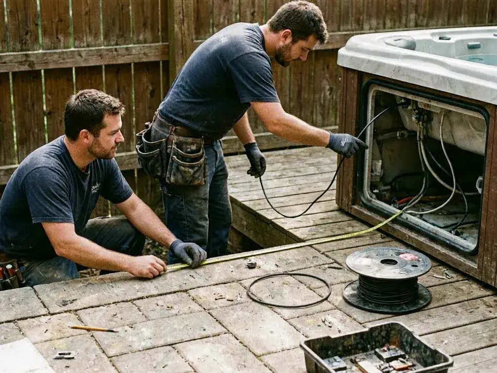 Two workers measure wiring beside an open hot tub on a wooden deck