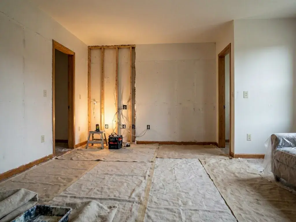 An unfinished room with drop cloths, exposed wall studs, a stepladder, and tools during renovation