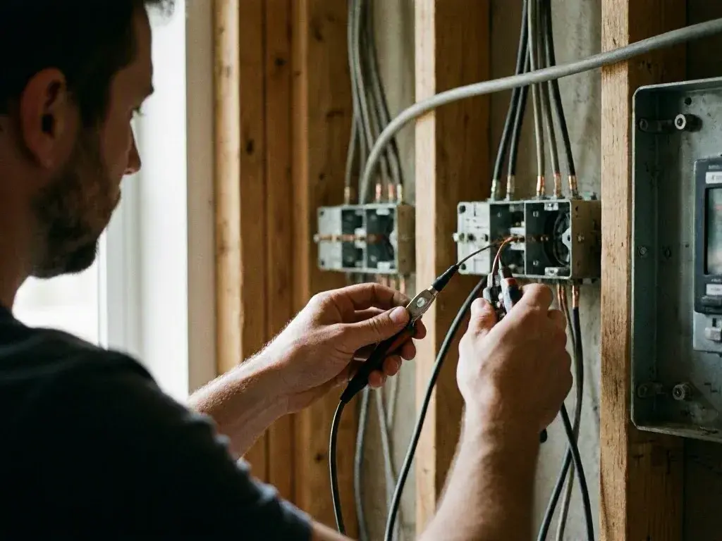 Man testing electrical wiring inside a wooden wall frame with exposed breaker