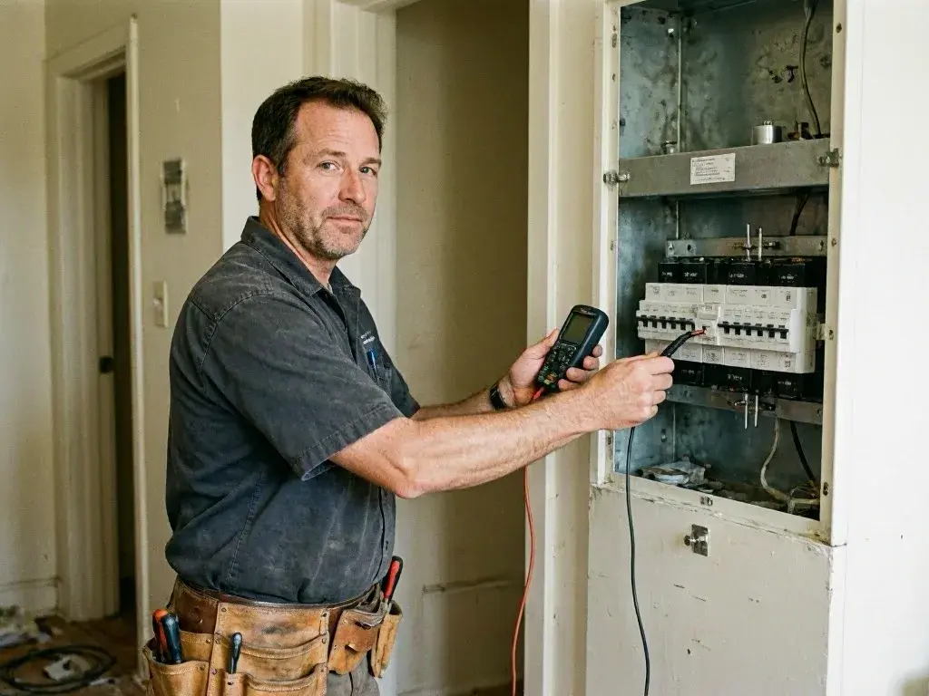A man in work clothes tests an electrical breaker panel inside a hallway wall opening