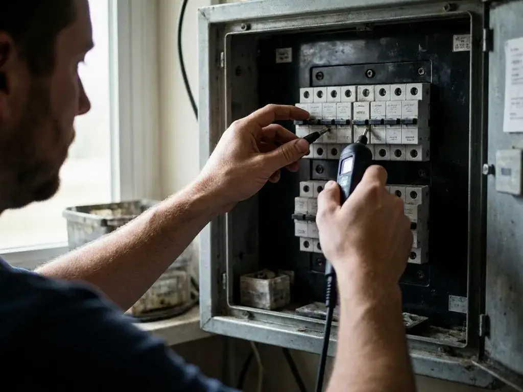 Technician tracing wires beside an open service panel
