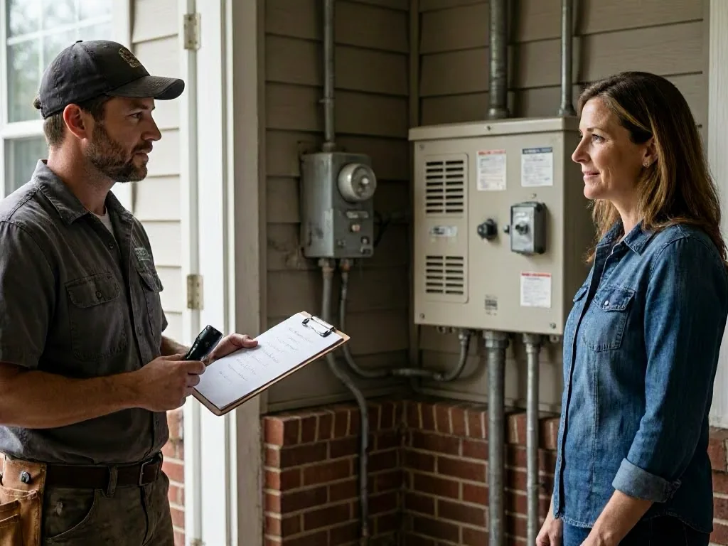 Technician reviews outdoor electrical equipment with a homeowner on a porch