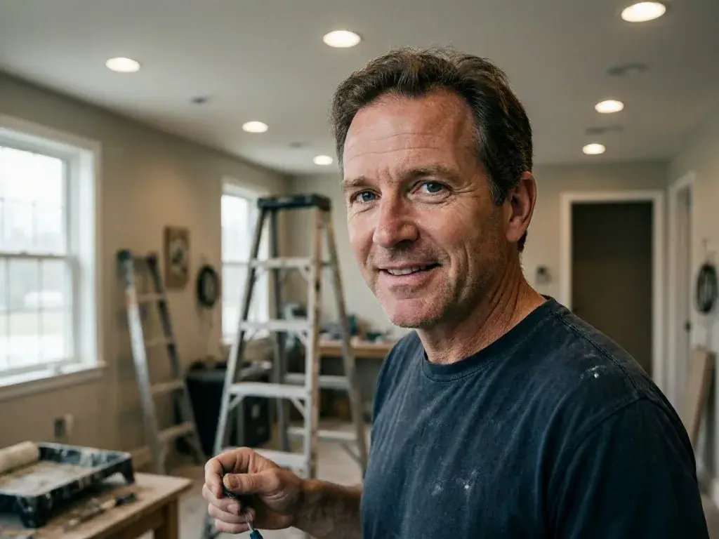 Smiling electrician holds a small tool in a room under renovation with ladders