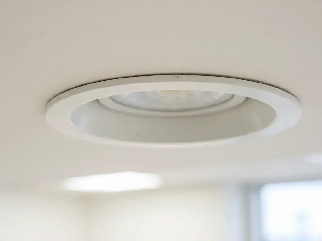 A white recessed ceiling light sits in a plain indoor room with soft daylight below