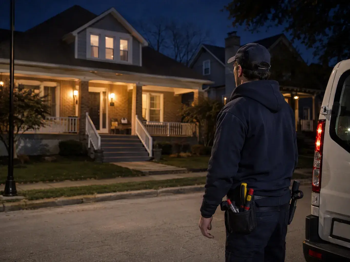 Worker beside a van examines a lit brick house at night