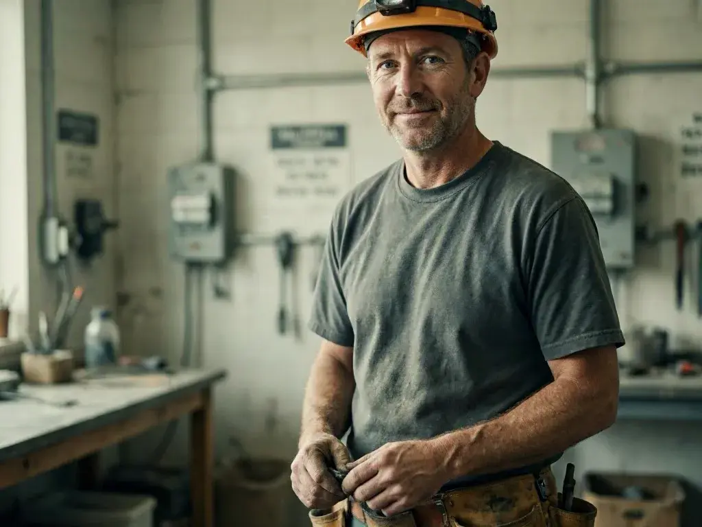 A man in a hard hat stands in a workshop, holding a small tool near his belt