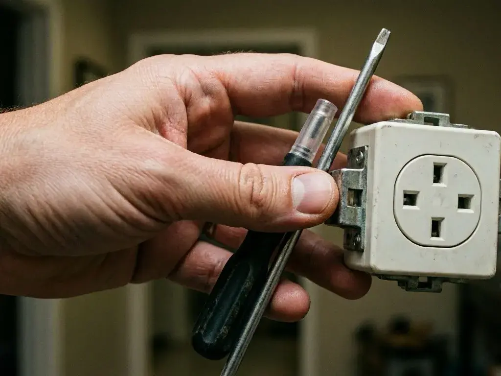 A hand holds a screwdriver beside a wall electrical outlet during repair work