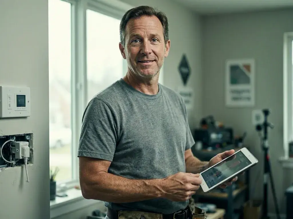 A man in a gray T-shirt holds a tablet in a room with windows and a wall thermostat
